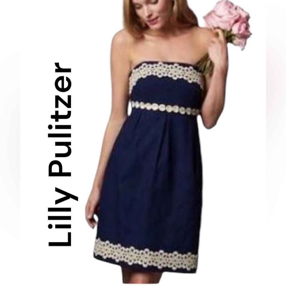 Lilly Pulitzer Navy Betsy Jacquard‎ Strapless Dress Sz 0